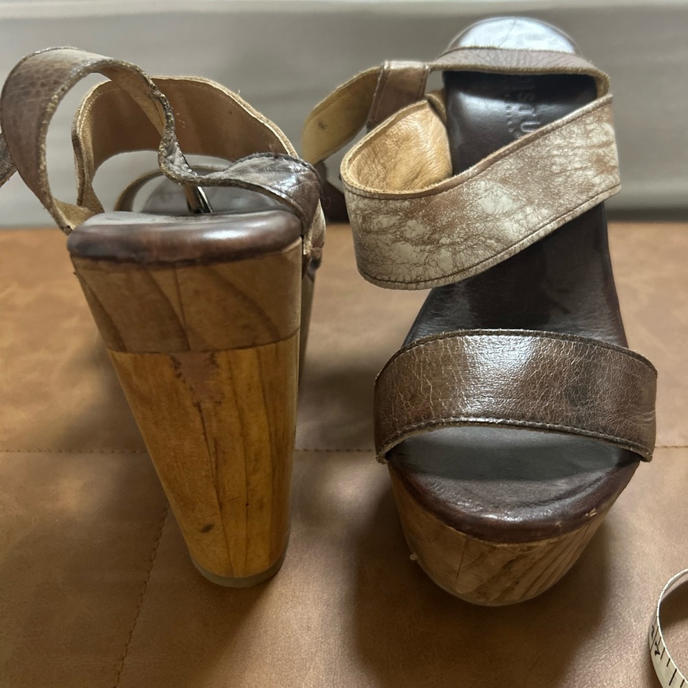 Bed Stu Two-Tone Leather and Wood Platform Sandals